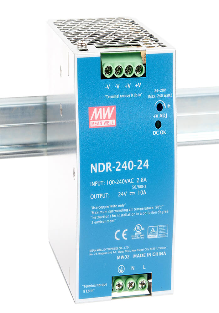 Ndr mean well. NDR-240-24. NDR-240-24 10a. Mean well NDR-240-24 , 24v, 10a , 240w input 100-240vac , 2,5a. Output 24v DC 10a.. NDR-120-24.